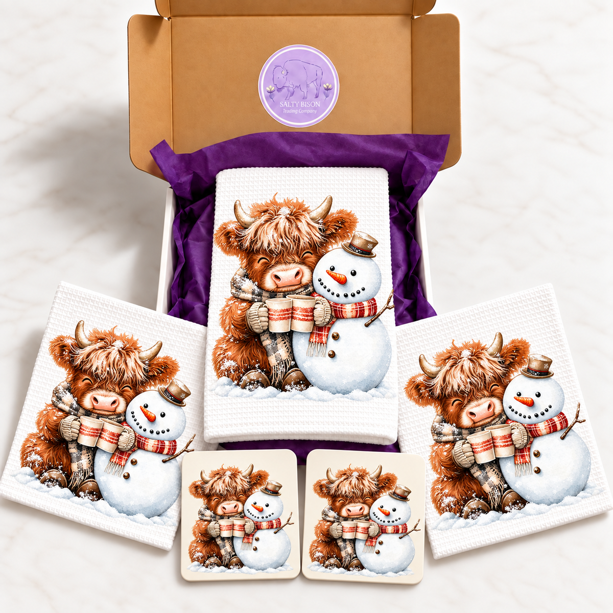 Highland cow and snowman winter kitchen gift set with Salty Bison gift box