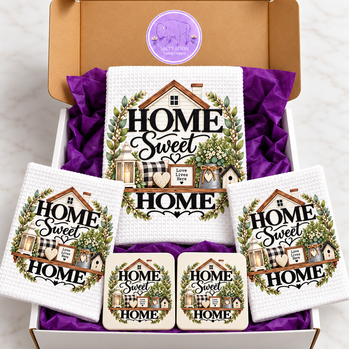 Home Sweet Home kitchen gift set arranged with purple tissue in Salty Bison gift box
