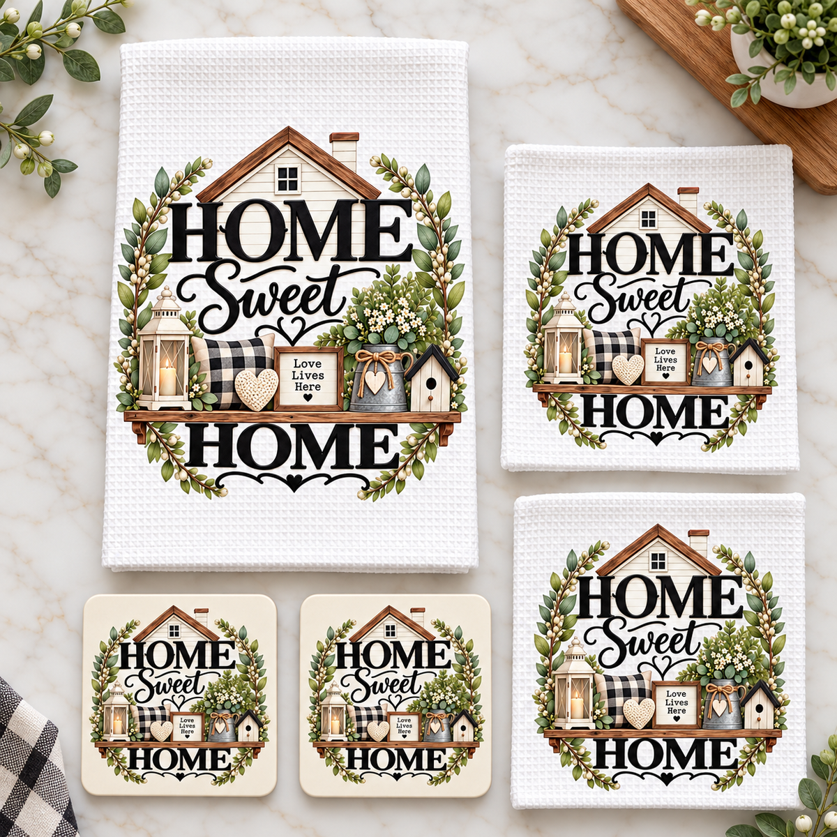 Home Sweet Home towel, two dishcloths and two coasters in a flat lay