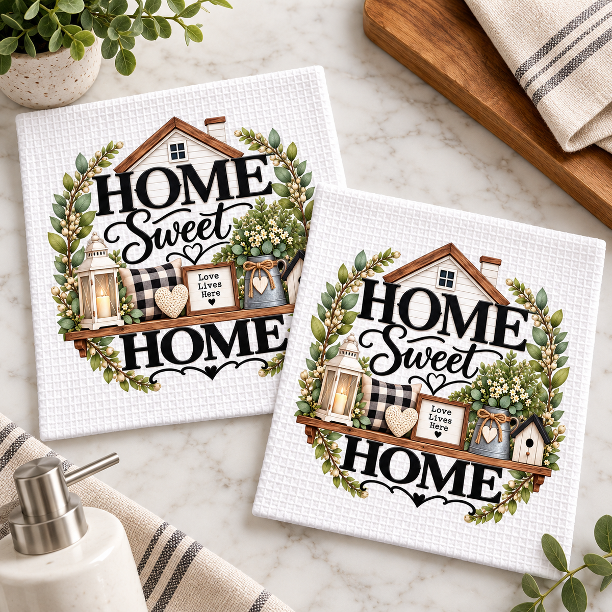 Two Home Sweet Home waffle dishcloths with sage farmhouse artwork