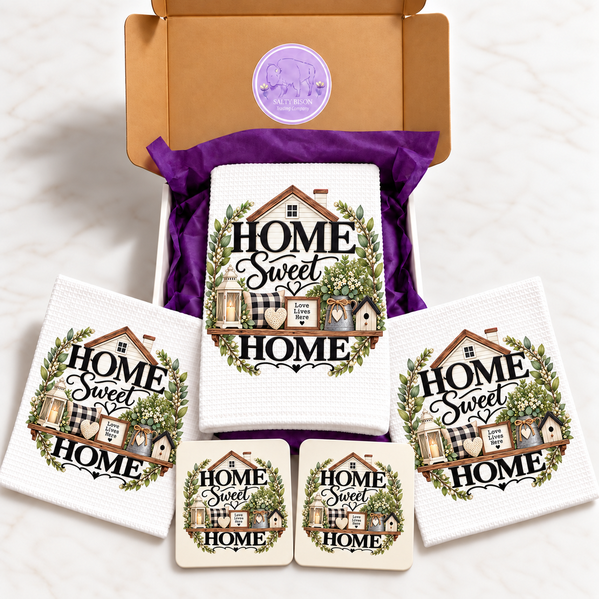 Home Sweet Home farmhouse kitchen gift set with branded Salty Bison gift box