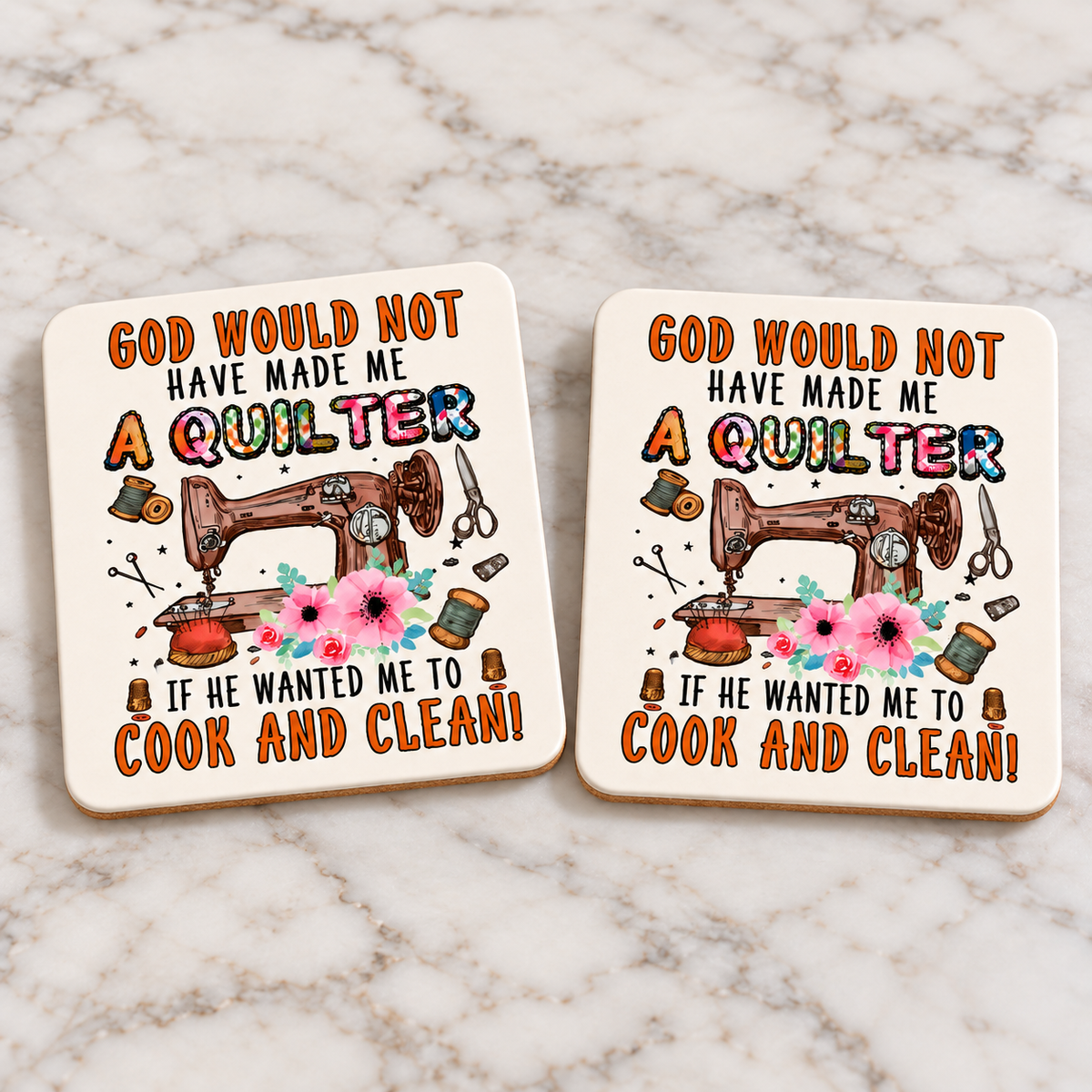 Two rounded-square coasters with centered quilter design