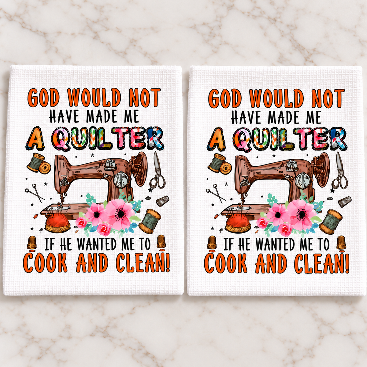 Two white waffle dishcloths with centered quilter sewing-machine artwork