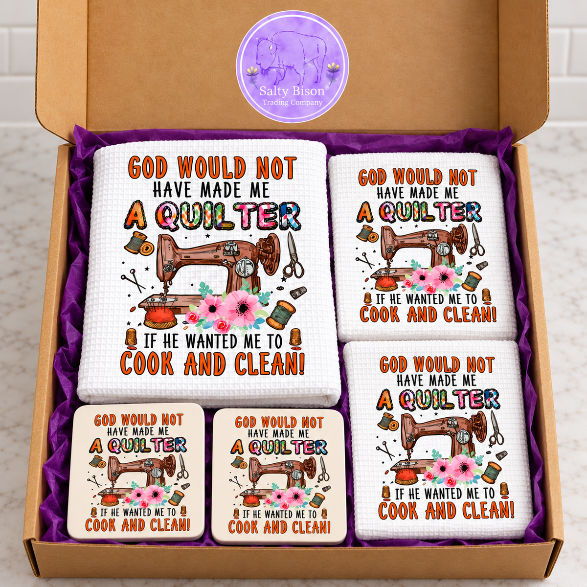 Quilter gift set packed inside Salty Bison box with purple tissue