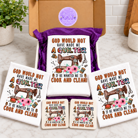 Quilter kitchen gift set with sewing machine artwork centered on towel, two dishcloths and two coasters in a Salty Bison gift box