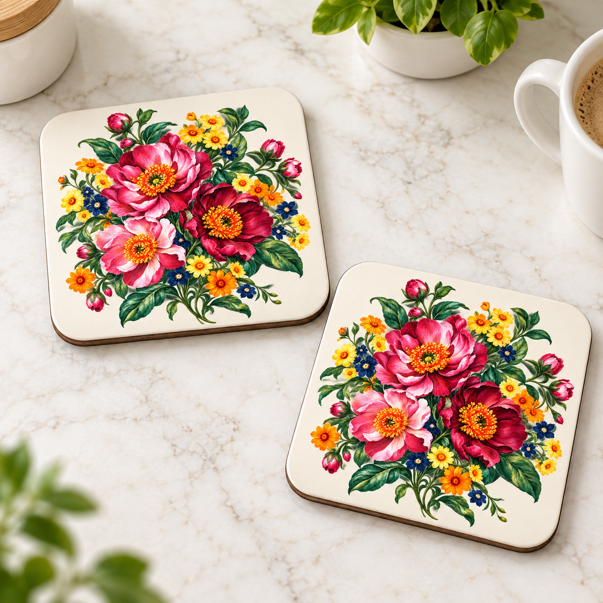 Two rounded-square coasters with centered vintage floral artwork