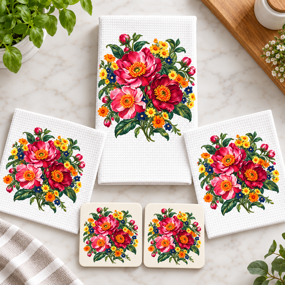 Vintage floral towel, two dishcloths and two coasters in a kitchen flat lay