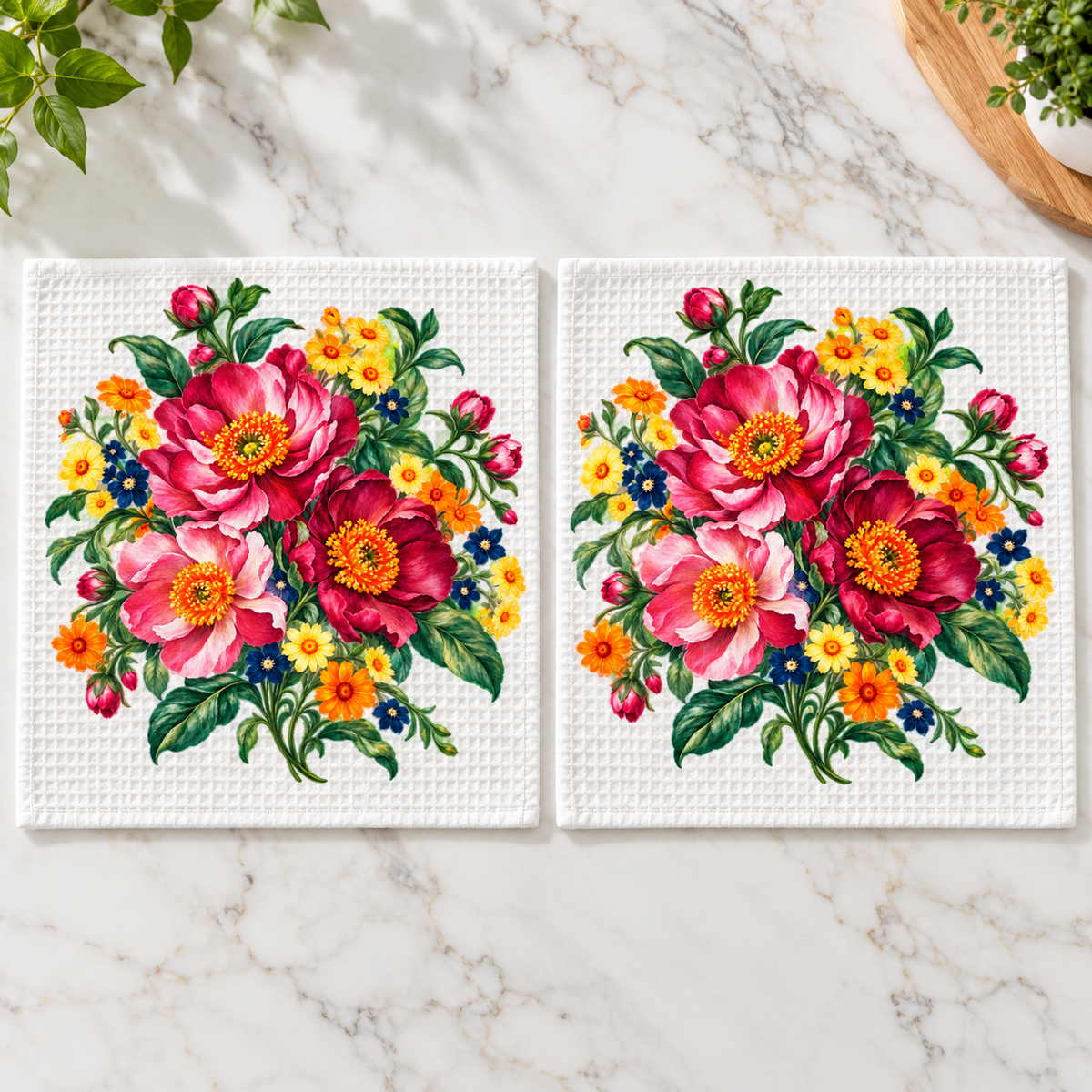 Two white waffle dishcloths with centered vintage floral artwork