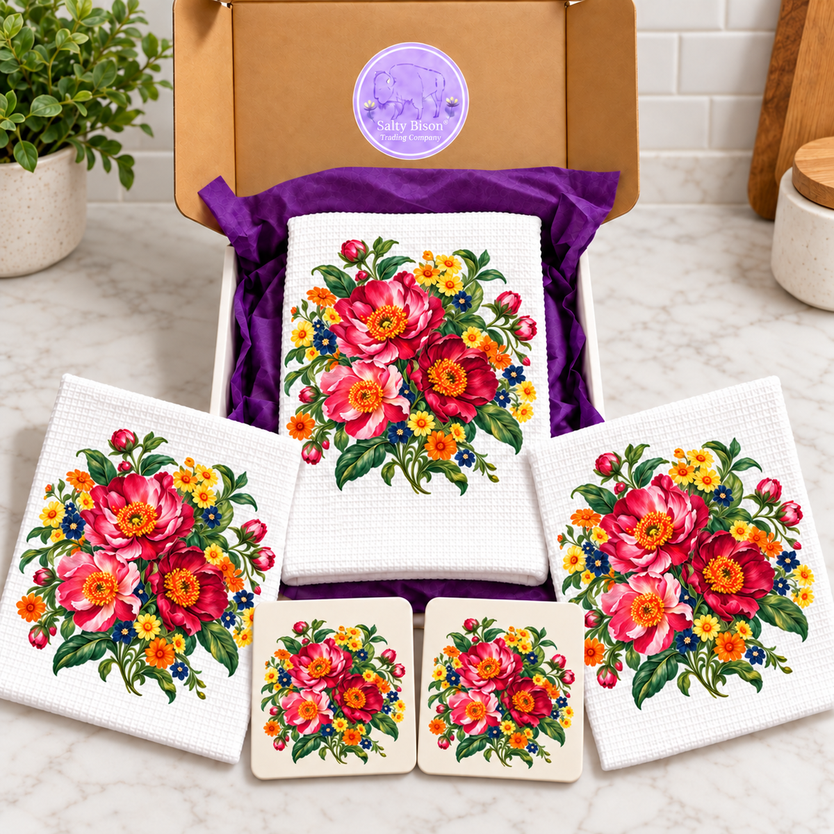 Vintage floral kitchen gift set with centered pink blooms and Salty Bison registered brand gift box