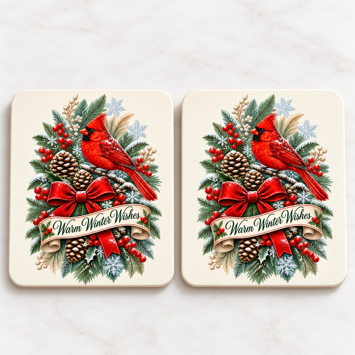 Two cream coasters with centered Warm Winter Wishes cardinal artwork