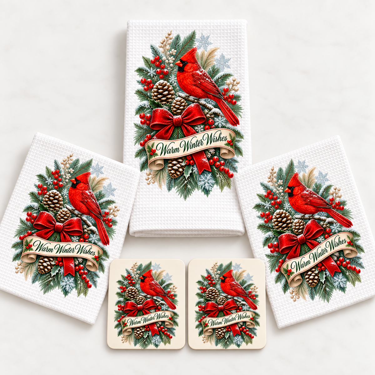 Cardinal towel, two dishcloths and two coasters laid out