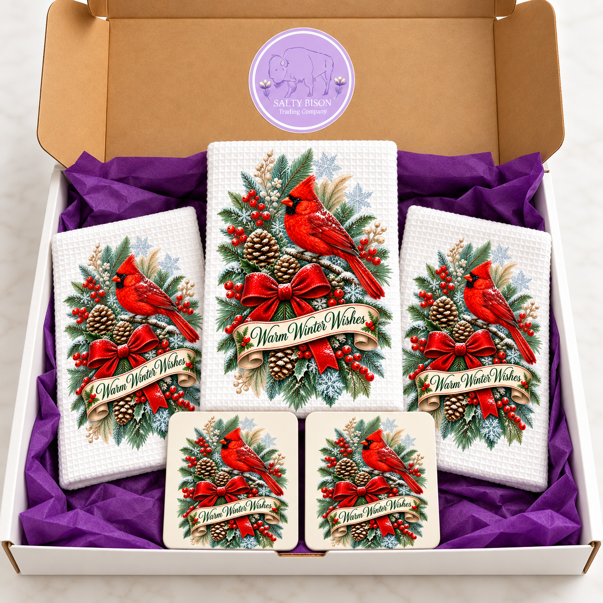 Cardinal winter gift set packed in Salty Bison box with purple tissue