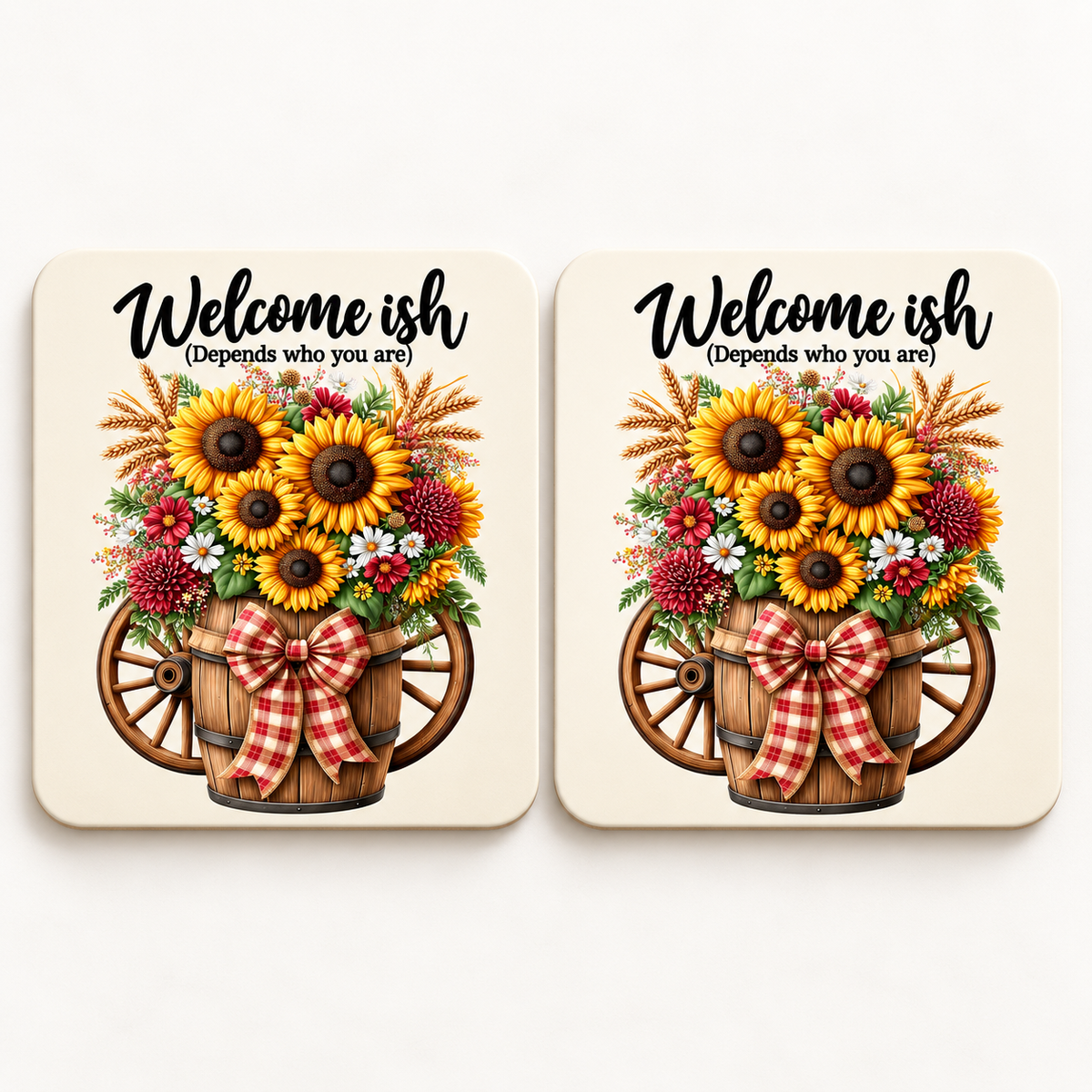 Two cream coasters with centered Welcome-ish sunflower artwork