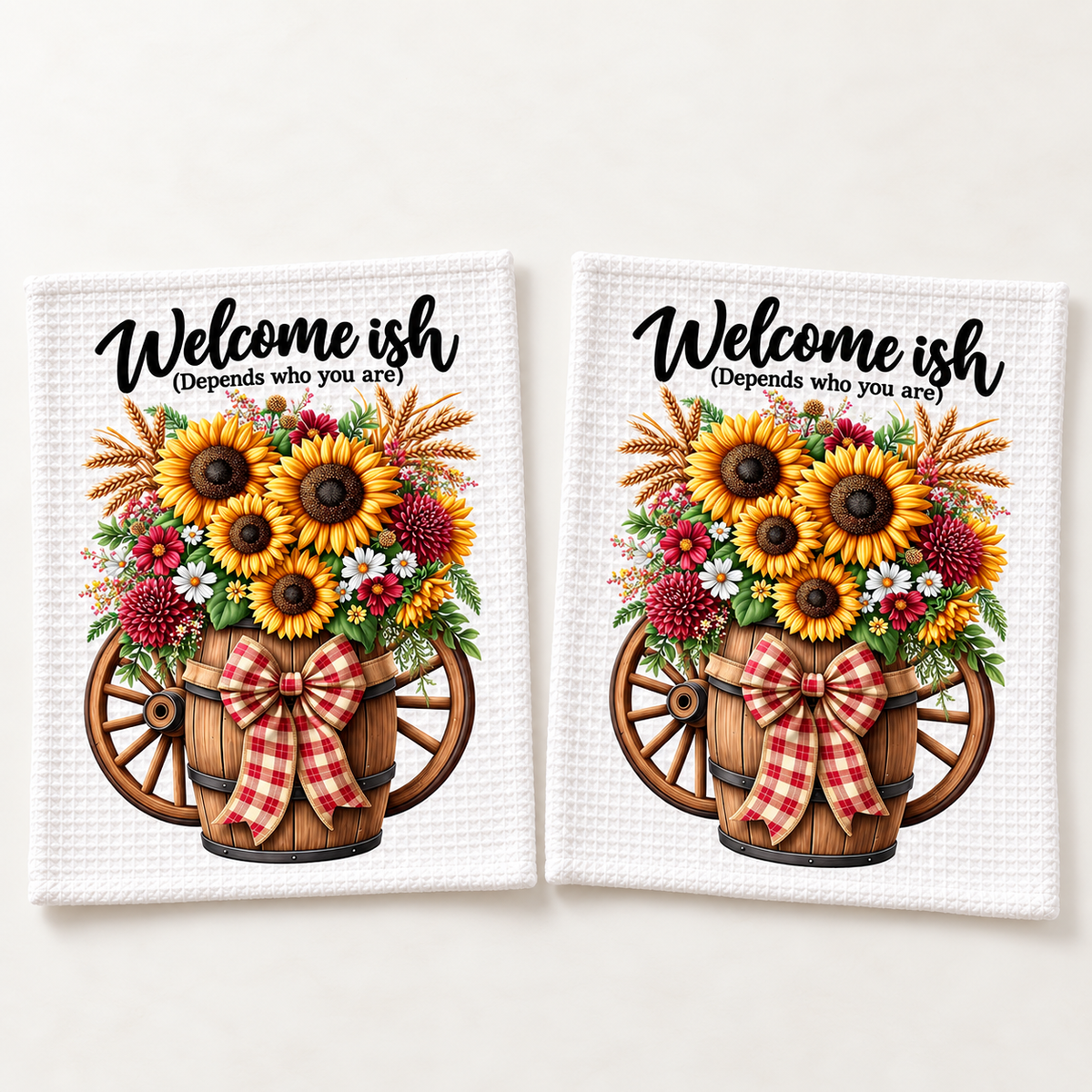 Two Welcome-ish sunflower waffle dishcloths