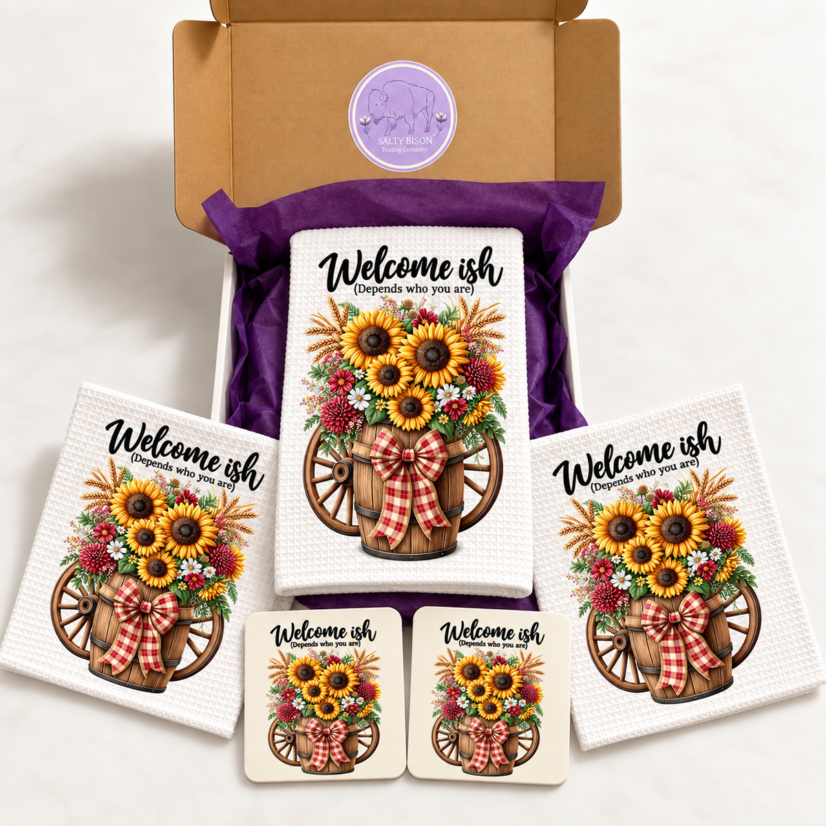 Welcome-ish sunflower kitchen gift set displayed with Salty Bison gift box